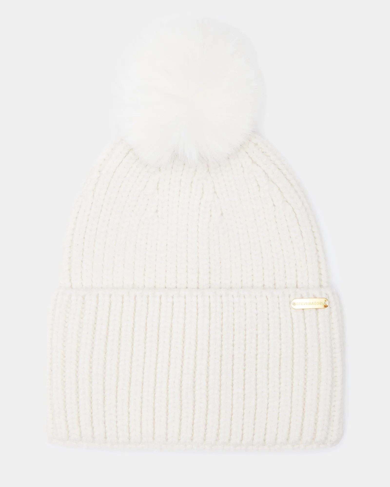 WIDE CUFF FAUX FUR POM BEANIE WHITE sold by Steve Madden