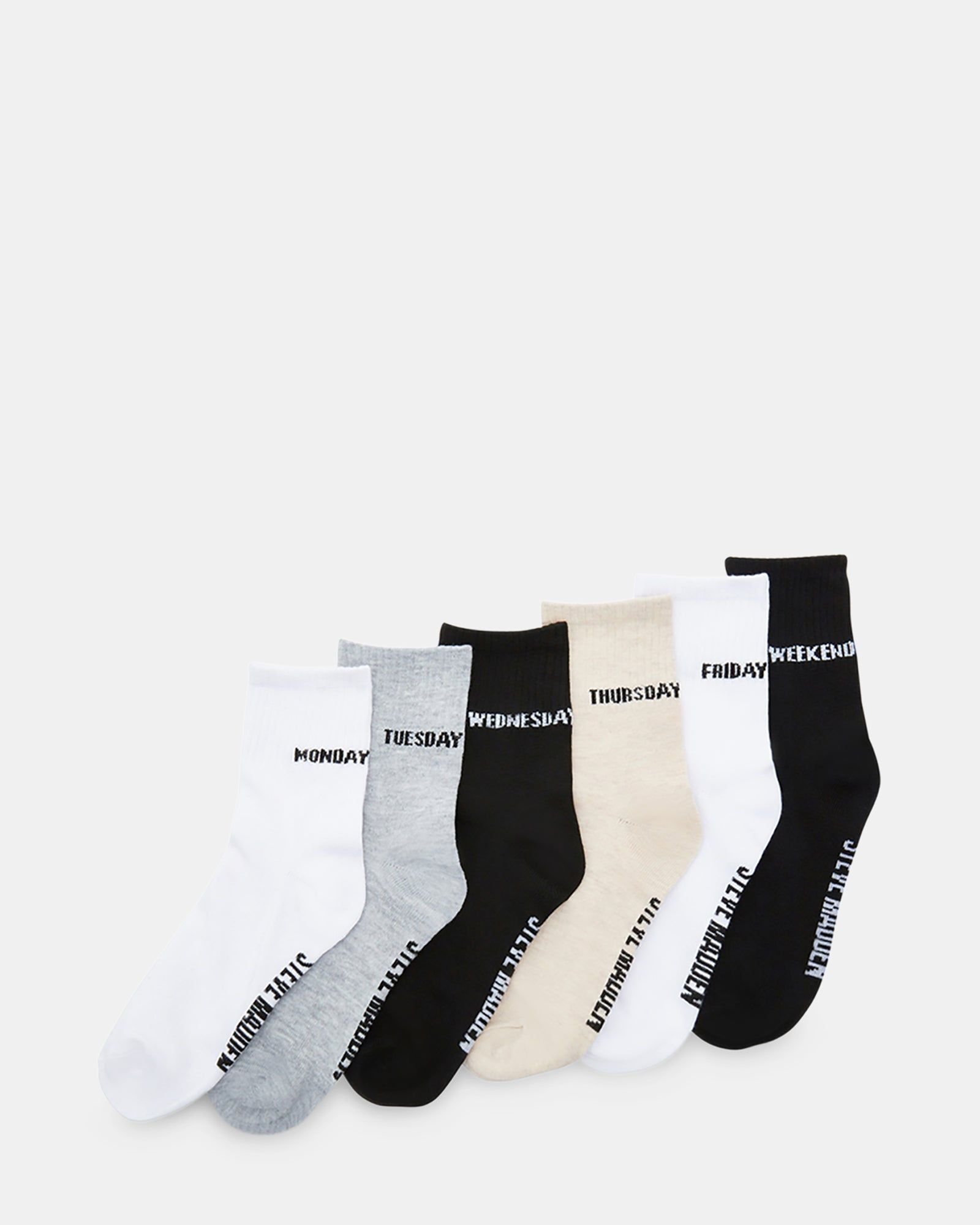 DAYS OF THE WEEK CREW SOCKS WHITE MULTI sold by Steve Madden