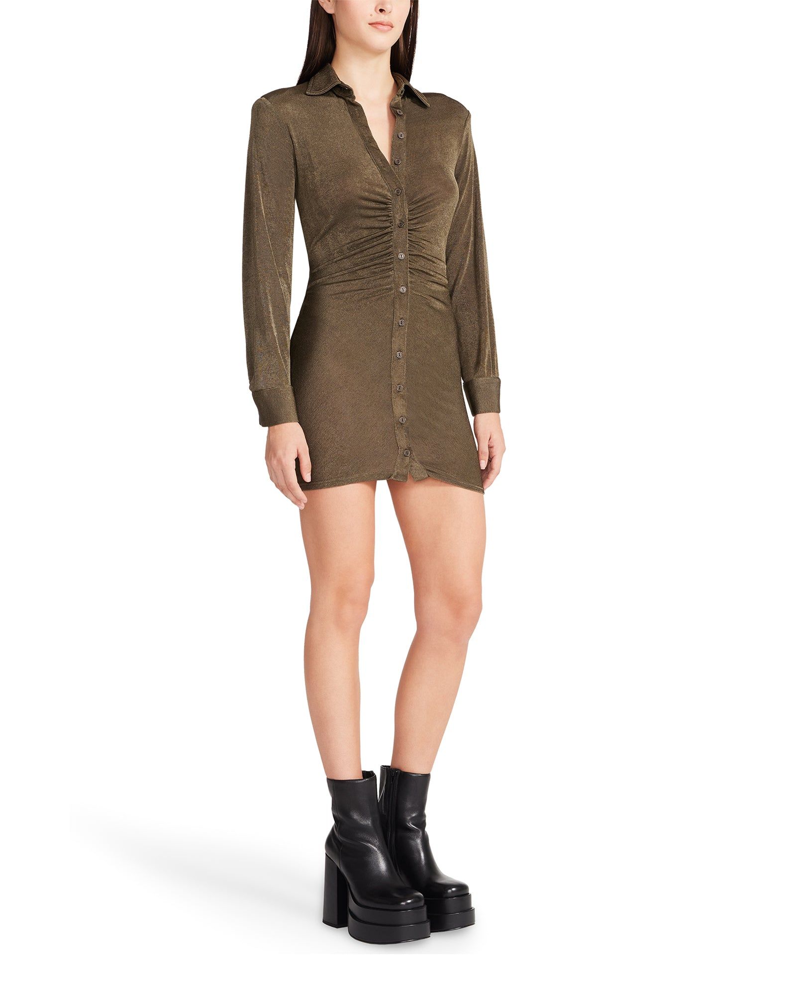 LONG SLEEVE BUTTON UP DRESS OLIVE sold by Steve Madden product image thumbnail 4
