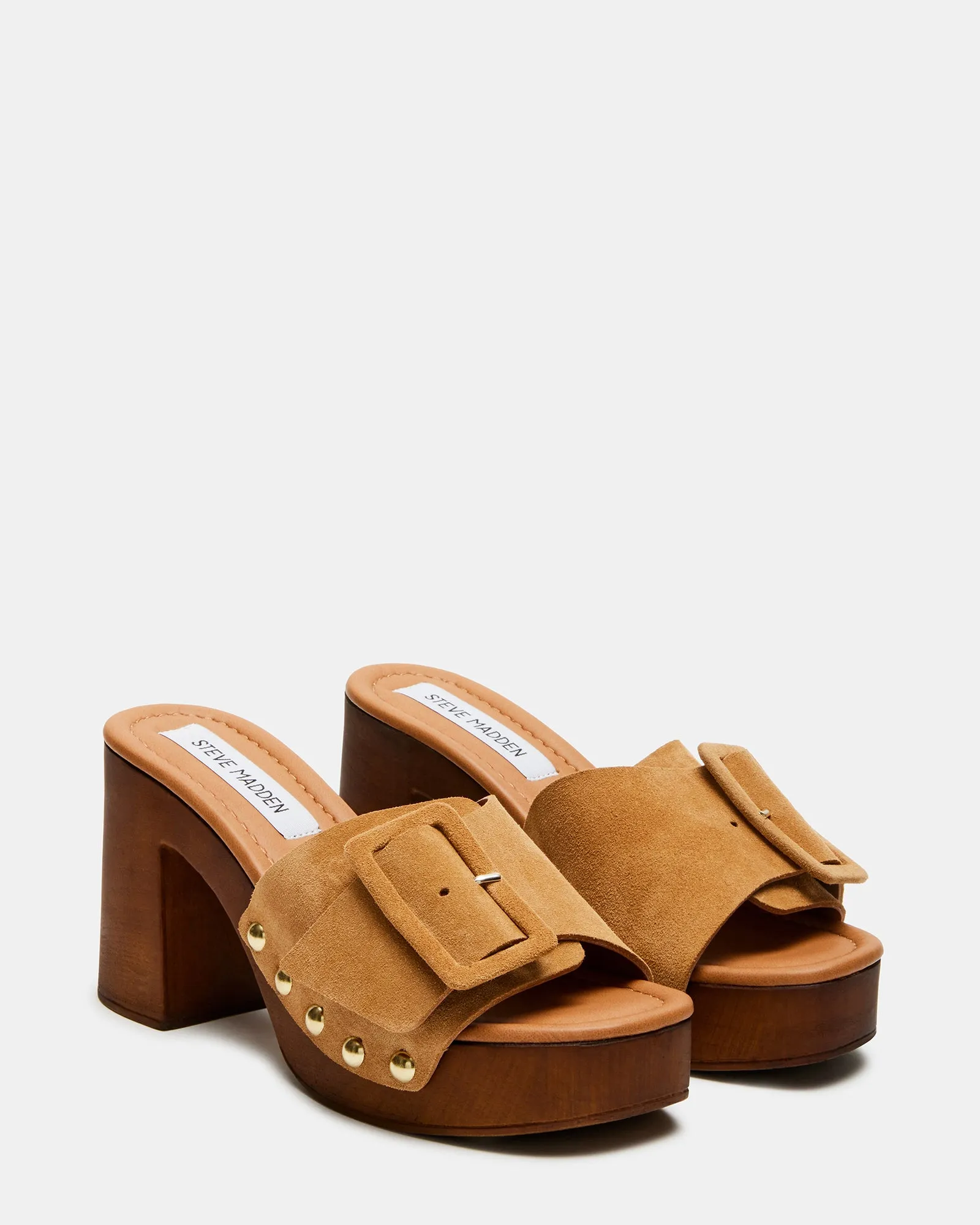 トレンド★【STEVE MADDEN】Marlena バックル サンダル MARLENA Sand Suede Women's Wood Bottom Mule Platform Heel