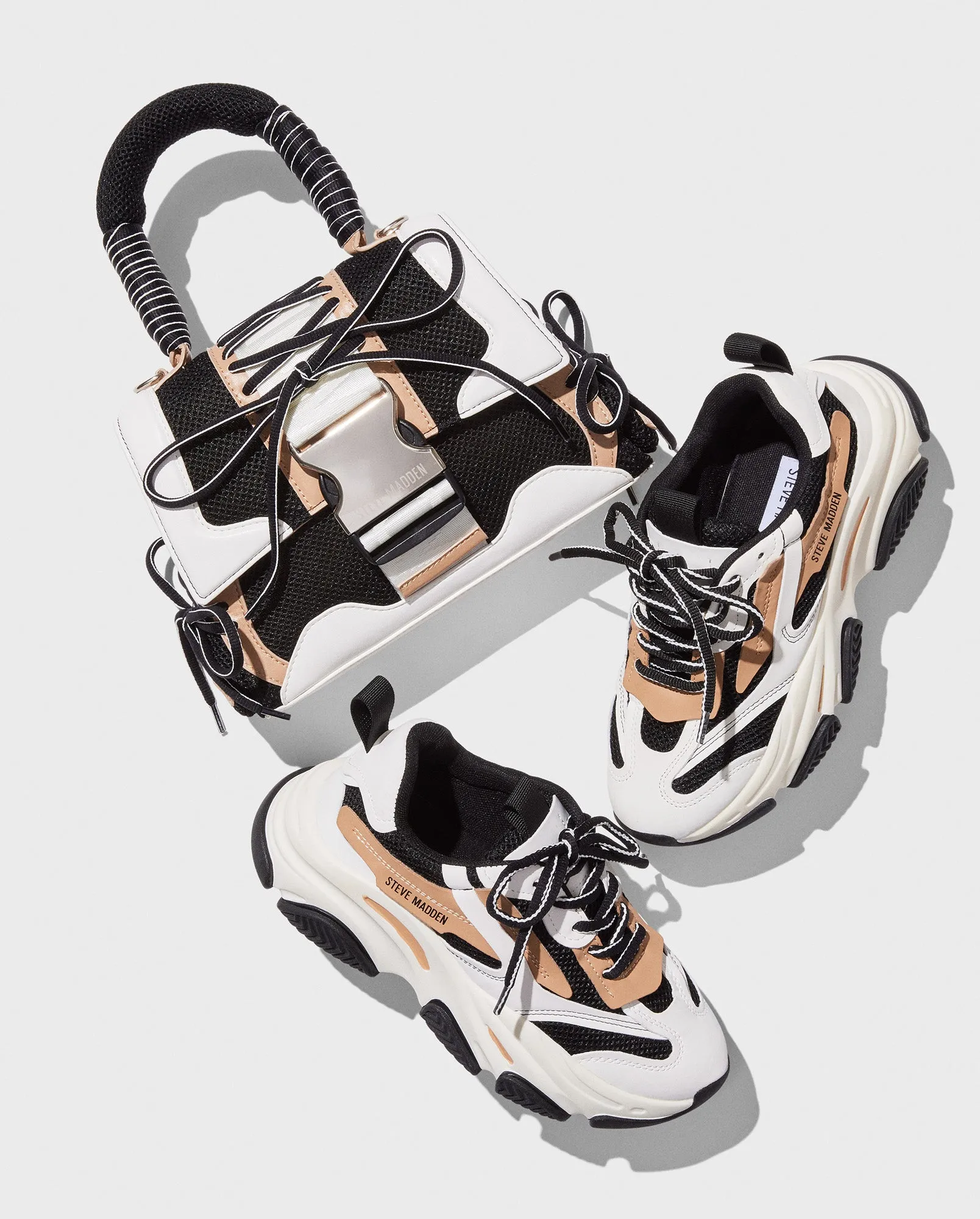 POSSESSION SHOE AND DIEGO BAG BLACK/TAN BUNDLE sold by Steve Madden