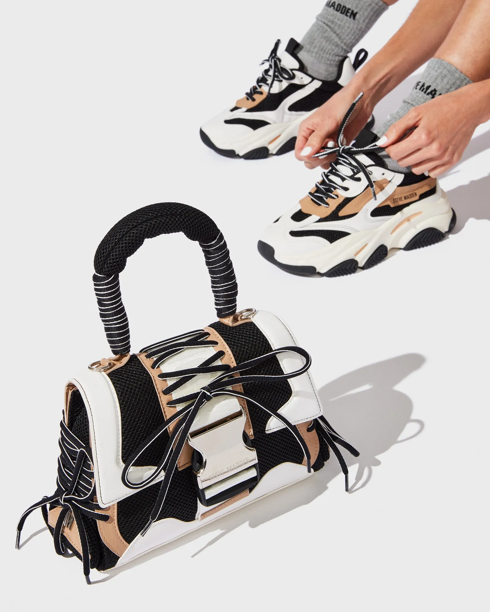 POSSESSION SHOE AND DIEGO BAG BLACK/TAN BUNDLE sold by Steve Madden product image thumbnail 2