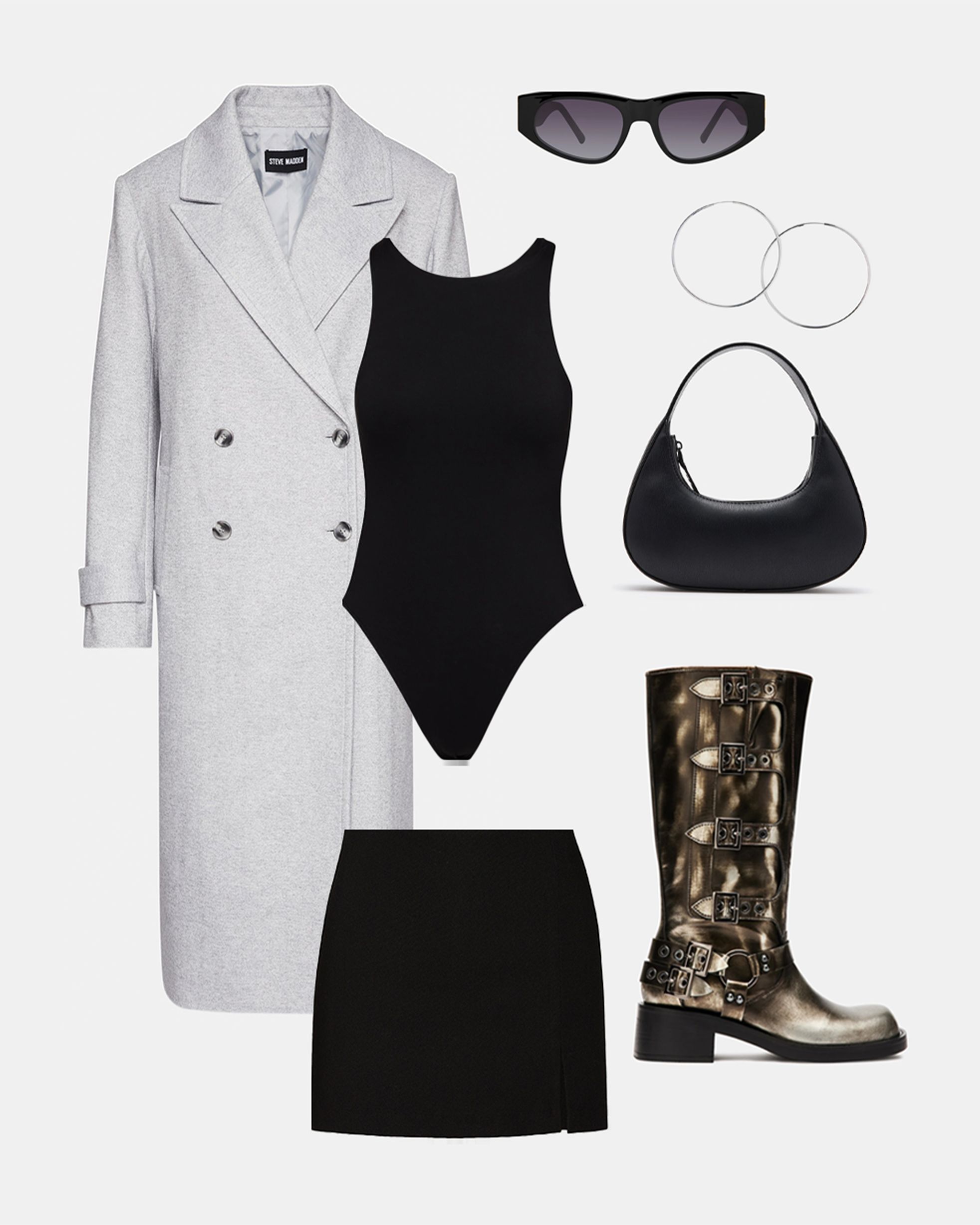 SHOP THE LOOK ROCKY + PRINCE COAT + CAM SKORT sold by Steve Madden
