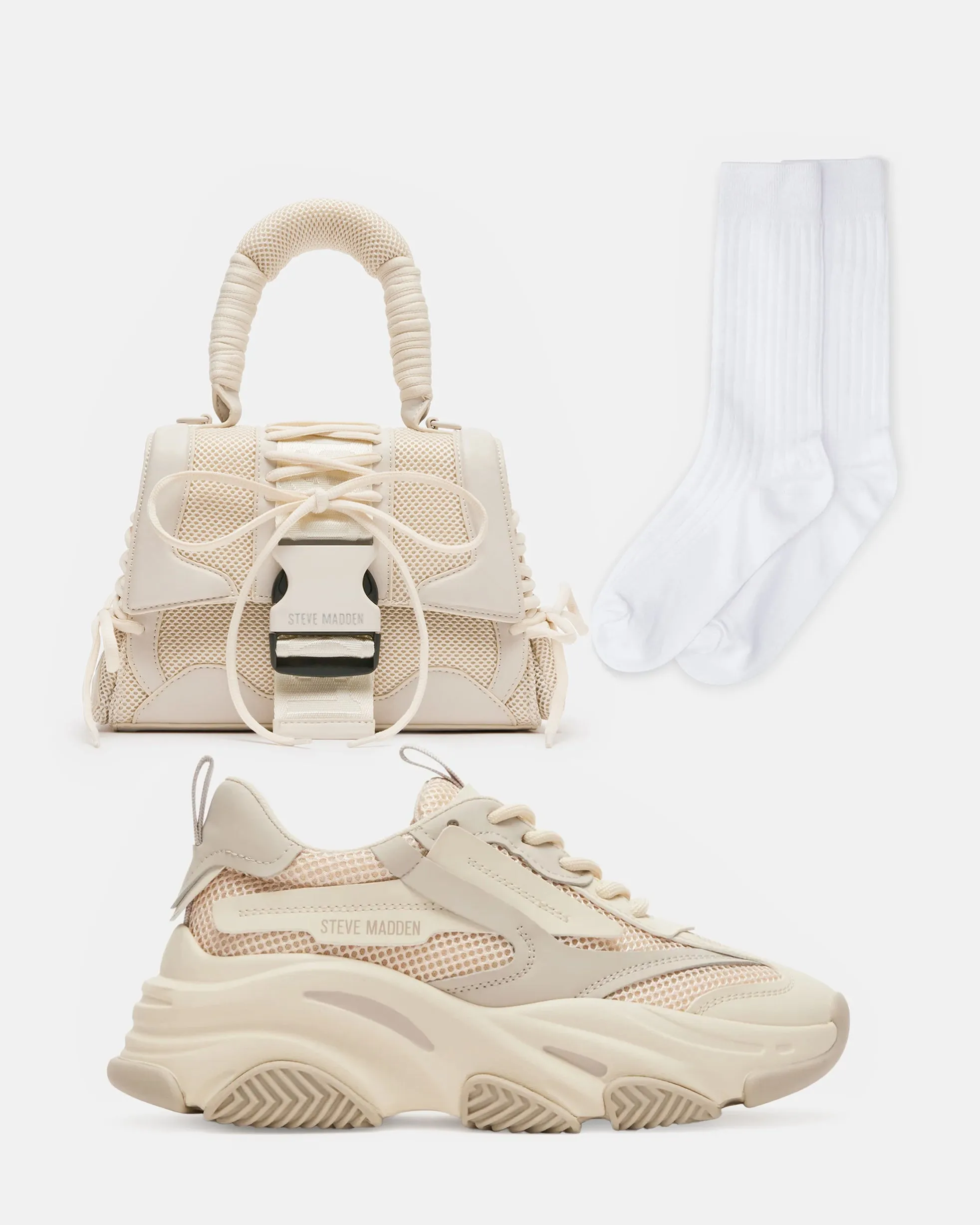 SHOP THE LOOK POSSESSION BONE/KHAKI + DIEGO BAG BONE sold by Steve Madden