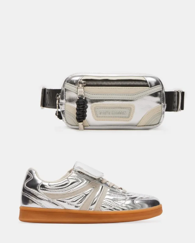 SHOP THE LOOK MADRID SILVER + MADRID BAG SILVER sold by Steve Madden