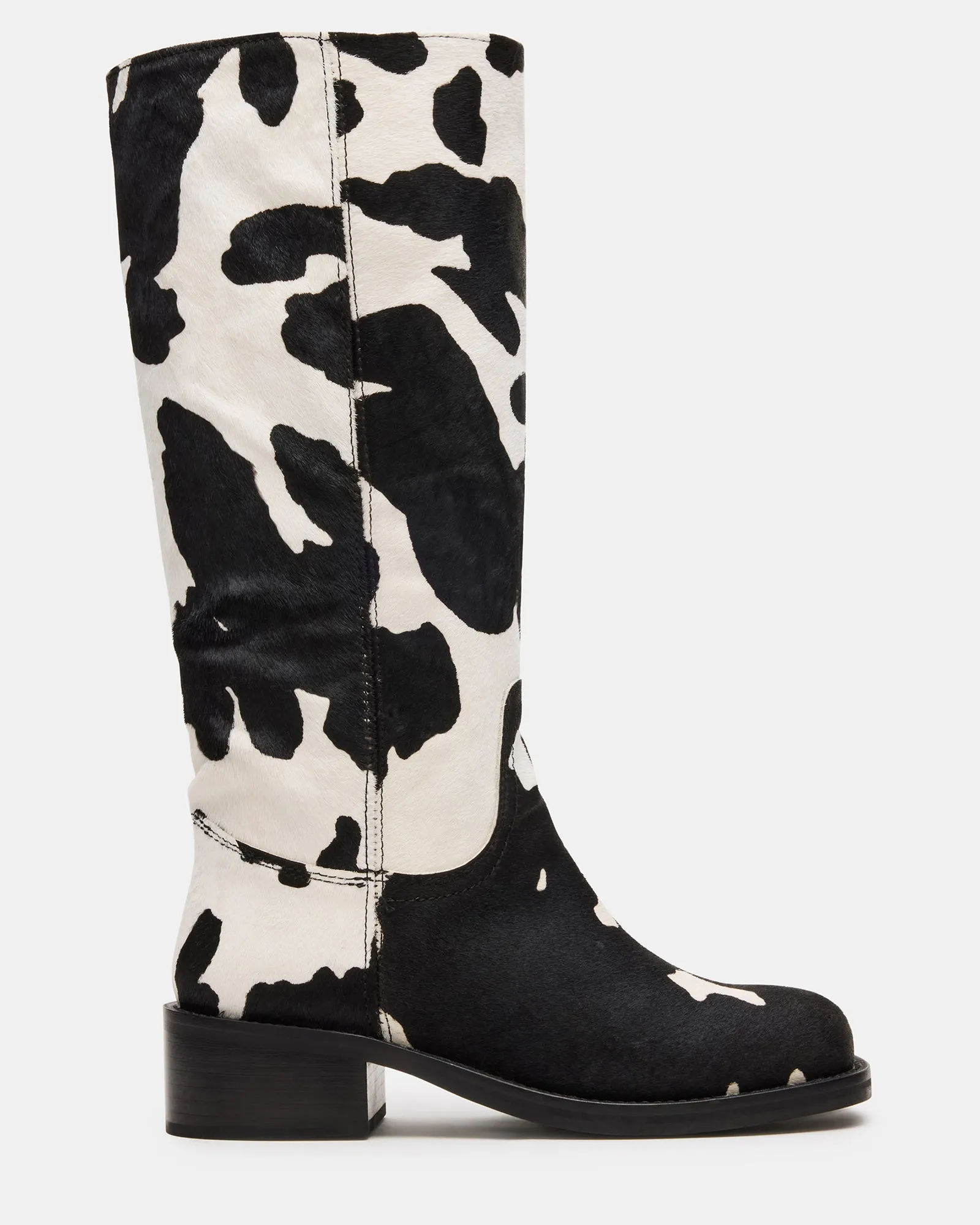 RIGGS BLACK COW PRINT WIDE CALF sold by Steve Madden