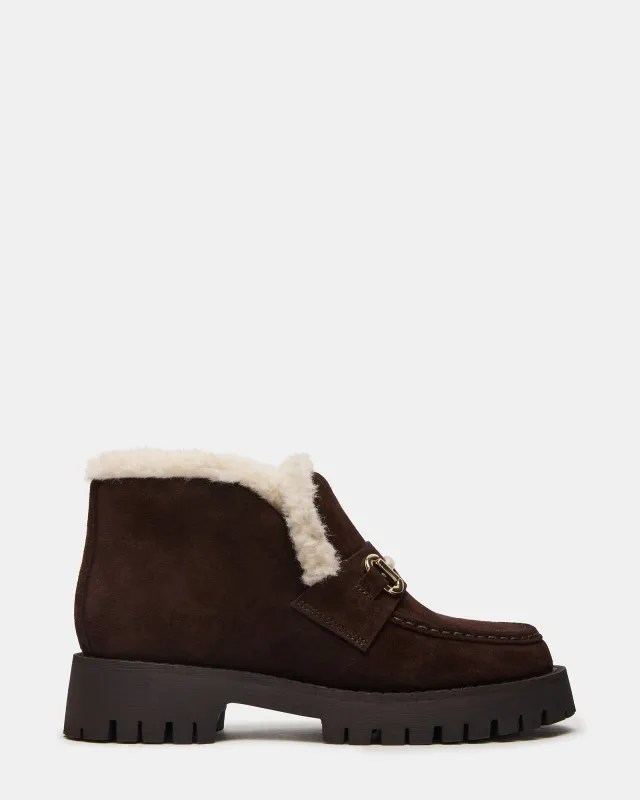 LEON FAUX FUR CHOCOLATE BROWN SUEDE sold by Steve Madden