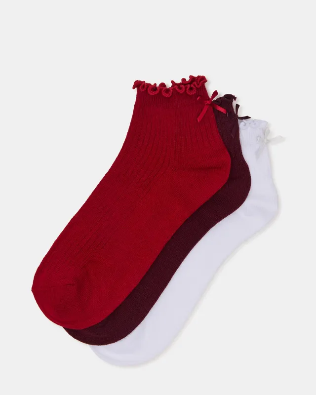 3 PACK MELODY LETTUCE EDGE BOW SOCKS RED MULTI sold by Steve Madden