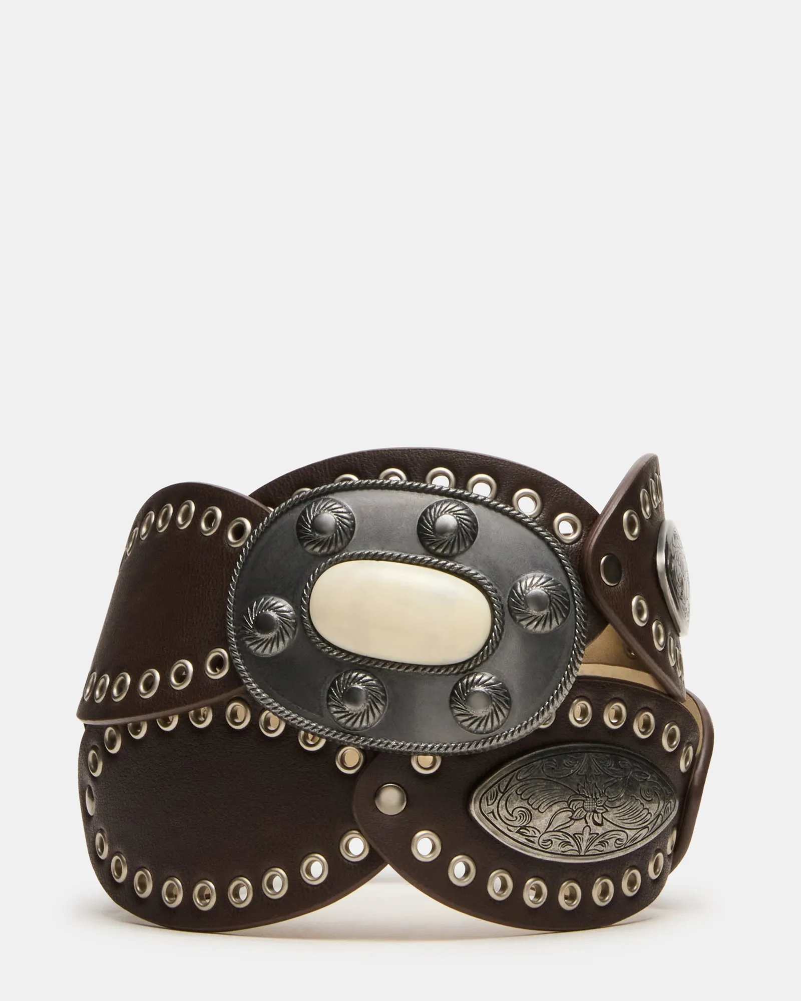 BOHO OVAL STUDDED DISC BELT BROWN sold by Steve Madden