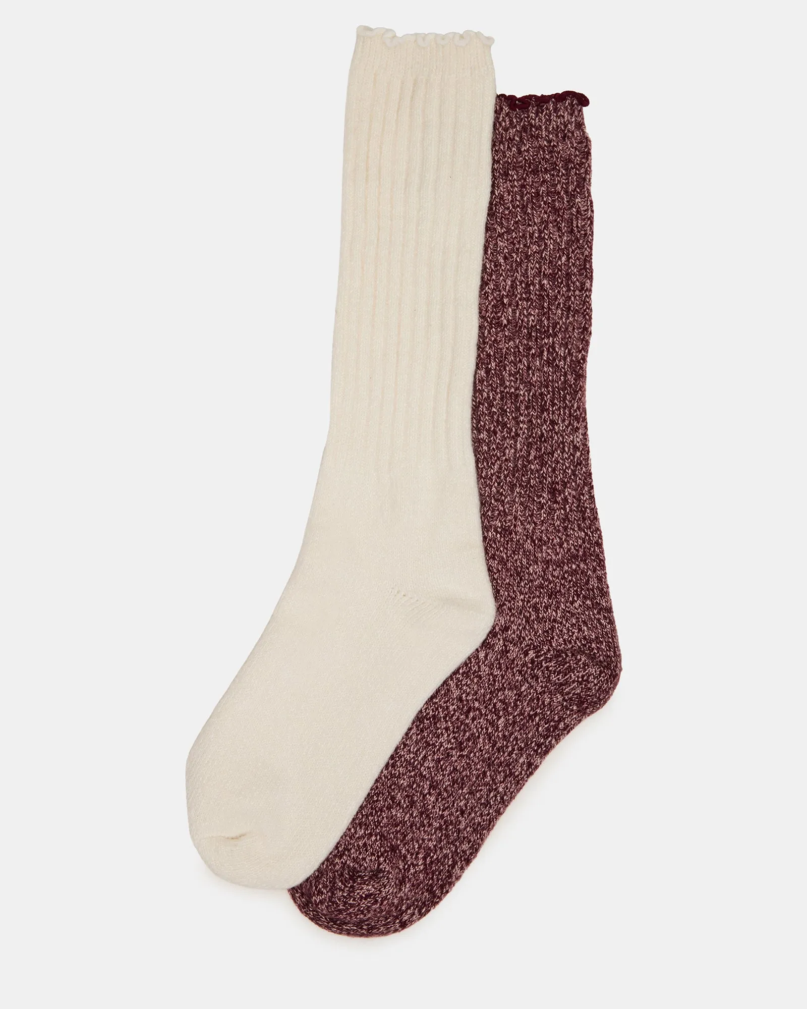 2 PACK SUPER SOFT LETTUCE EDGE SOCKS IVORY/BURGUNDY sold by Steve Madden