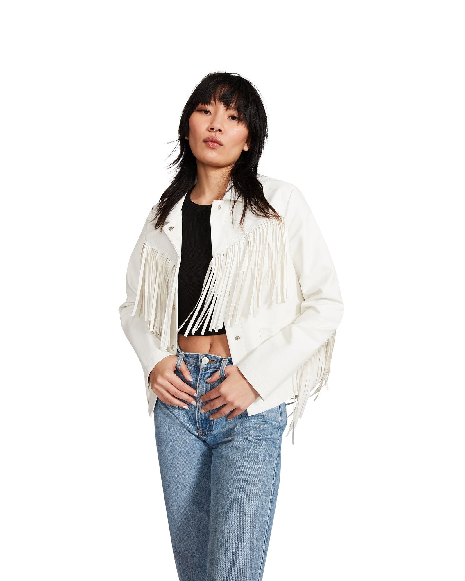FRINGE JACKET WHITE sold by Steve Madden