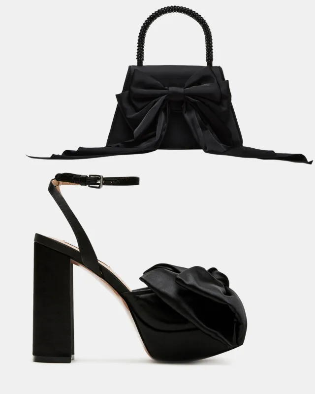 SHOP THE LOOK LIVELY BLACK SATIN + COSETTE BAG BLACK SATIN sold by Steve Madden