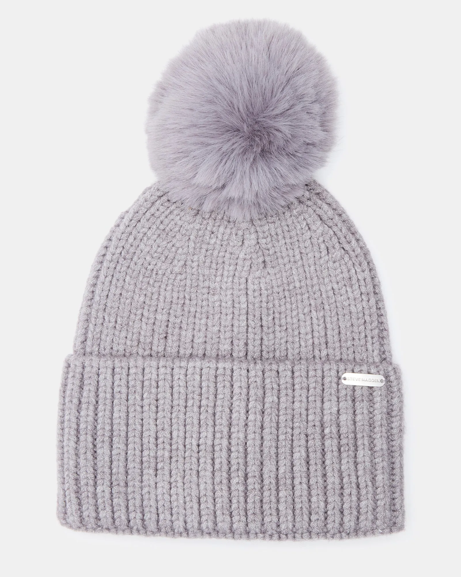 WIDE CUFF FAUX FUR POM BEANIE GREY sold by Steve Madden