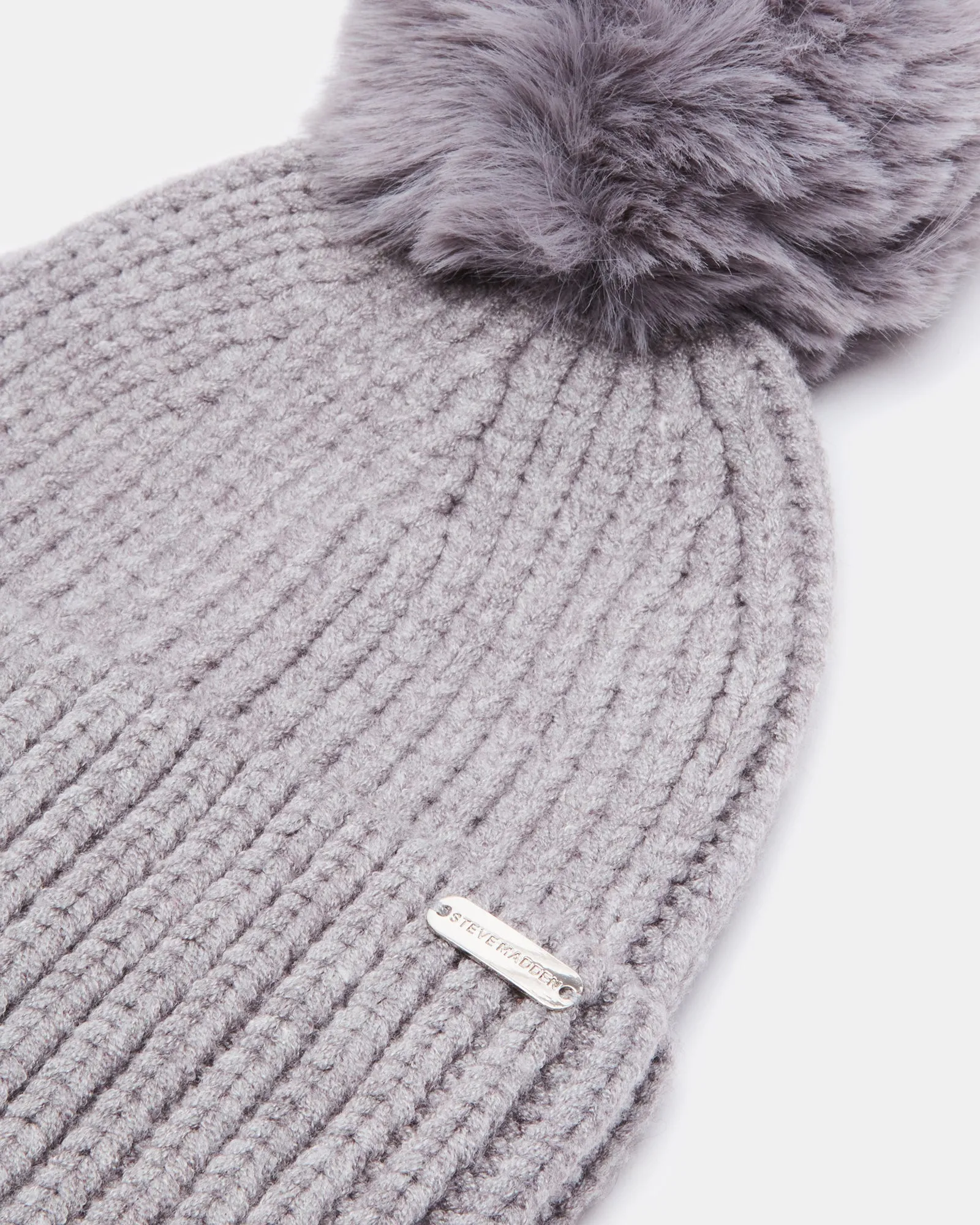 WIDE CUFF FAUX FUR POM BEANIE GREY sold by Steve Madden product image thumbnail 3