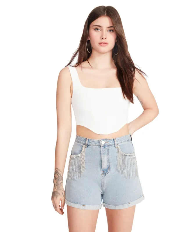 RHINESTONE FRINGE DENIM SHORTS sold by Steve Madden