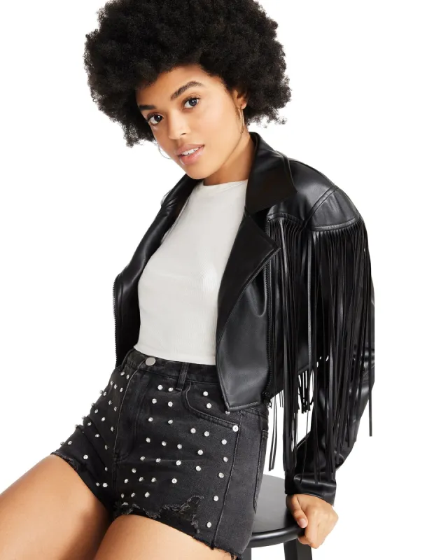 RHINESTONE DISTRESSED DENIM SHORTS BLACK sold by Steve Madden