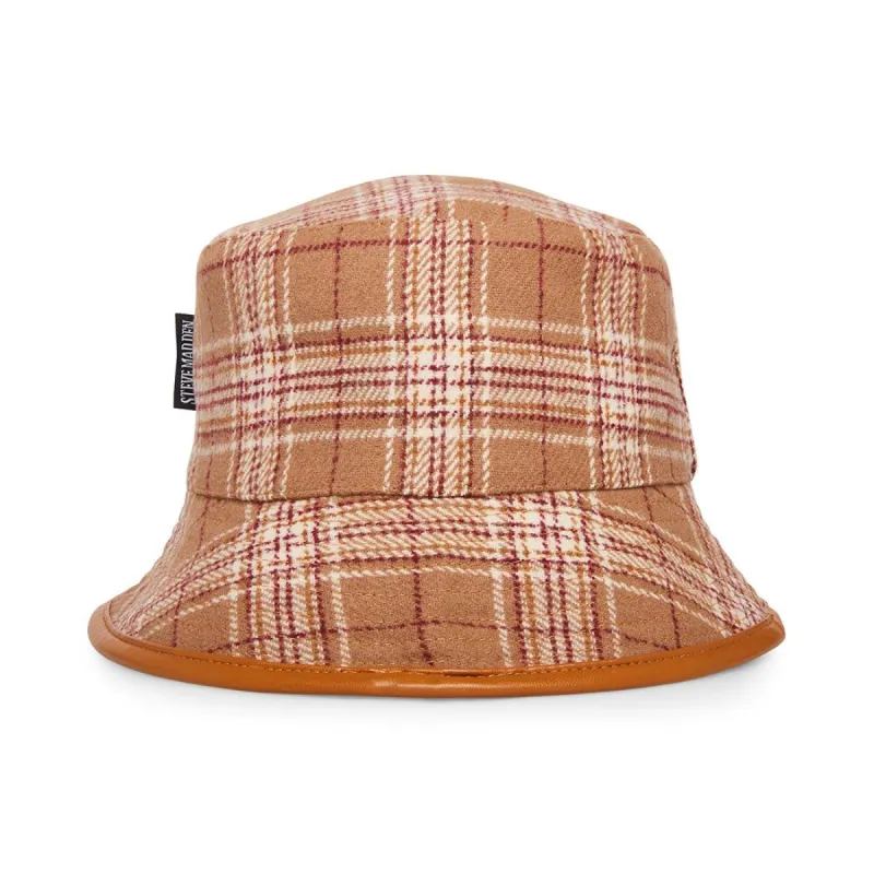 REVERSIBLE PLAID BUCKET HAT CAMEL FABRIC sold by Steve Madden