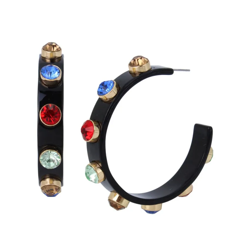 STONE RESIN HOOP EARRINGS BLACK sold by Steve Madden