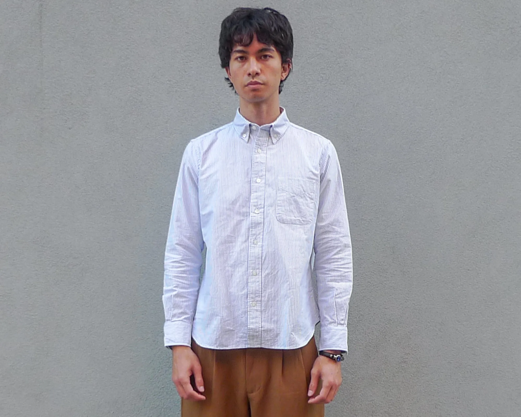 The Collegiate Shirt, Gray/White Stripe Oxford sold by Steven Alan