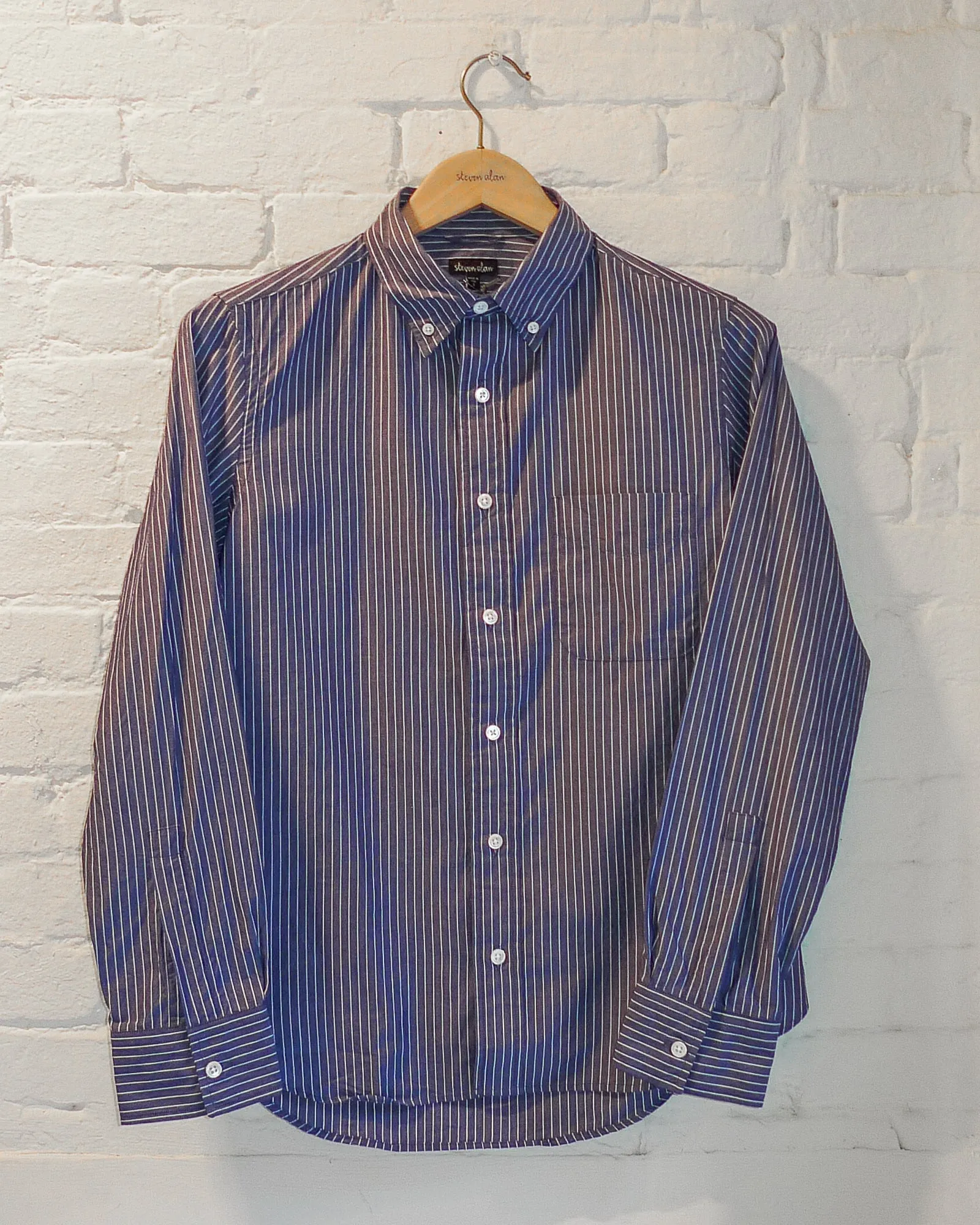 The Collegiate Shirt, Washed Navy/White Pencil Stripe sold by Steven Alan product image thumbnail 4