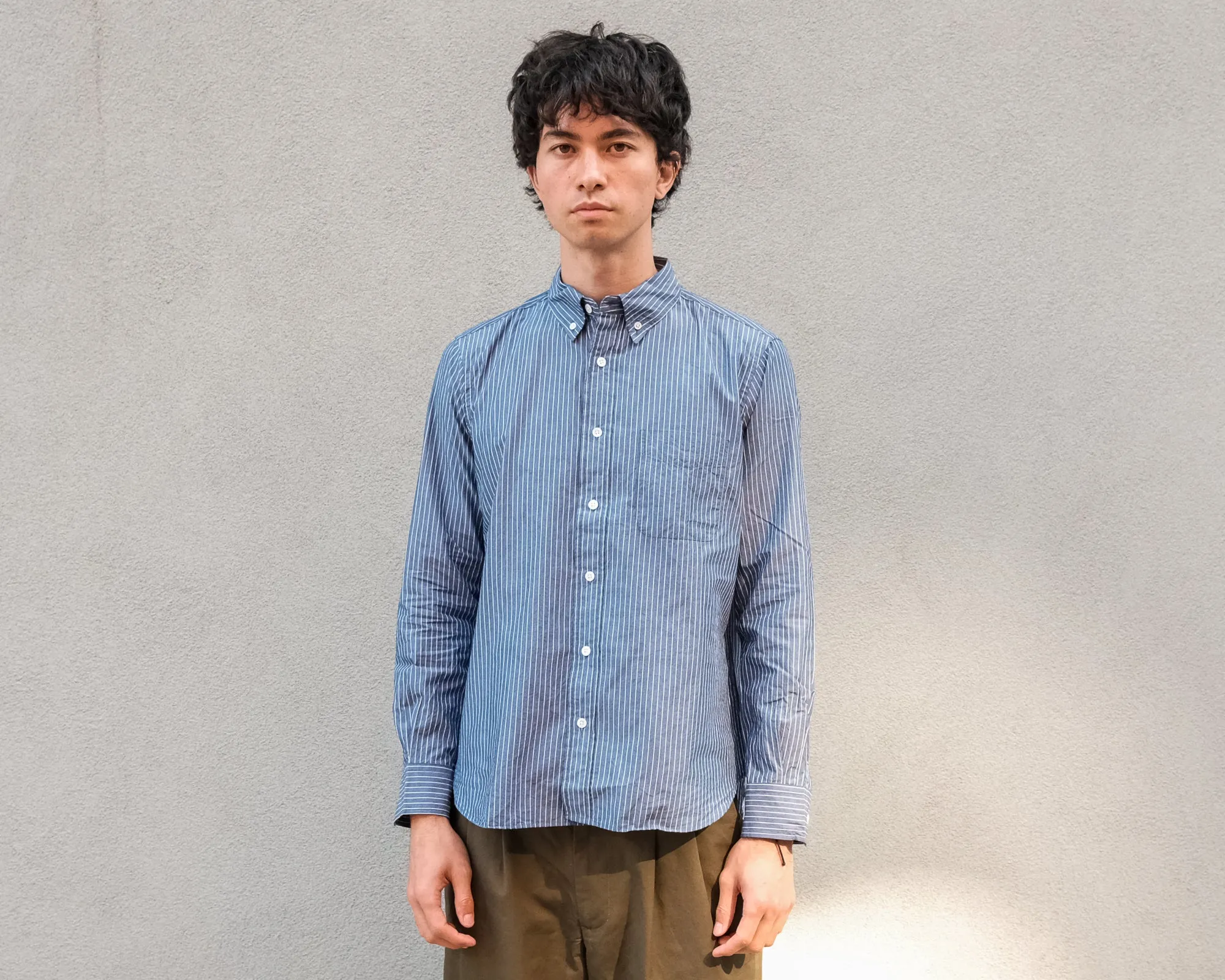 The Collegiate Shirt, Washed Navy/White Pencil Stripe sold by Steven Alan