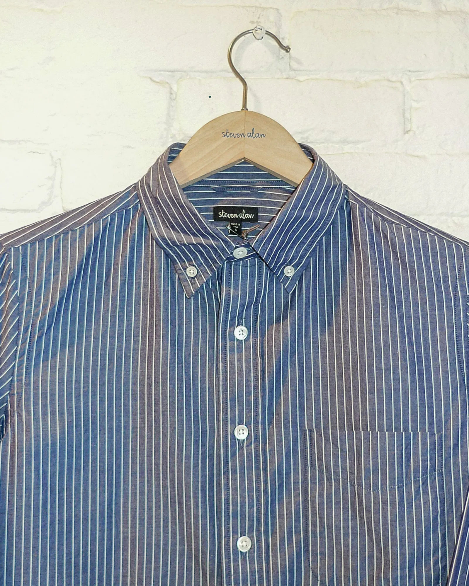 The Collegiate Shirt, Washed Navy/White Pencil Stripe sold by Steven Alan product image thumbnail 5