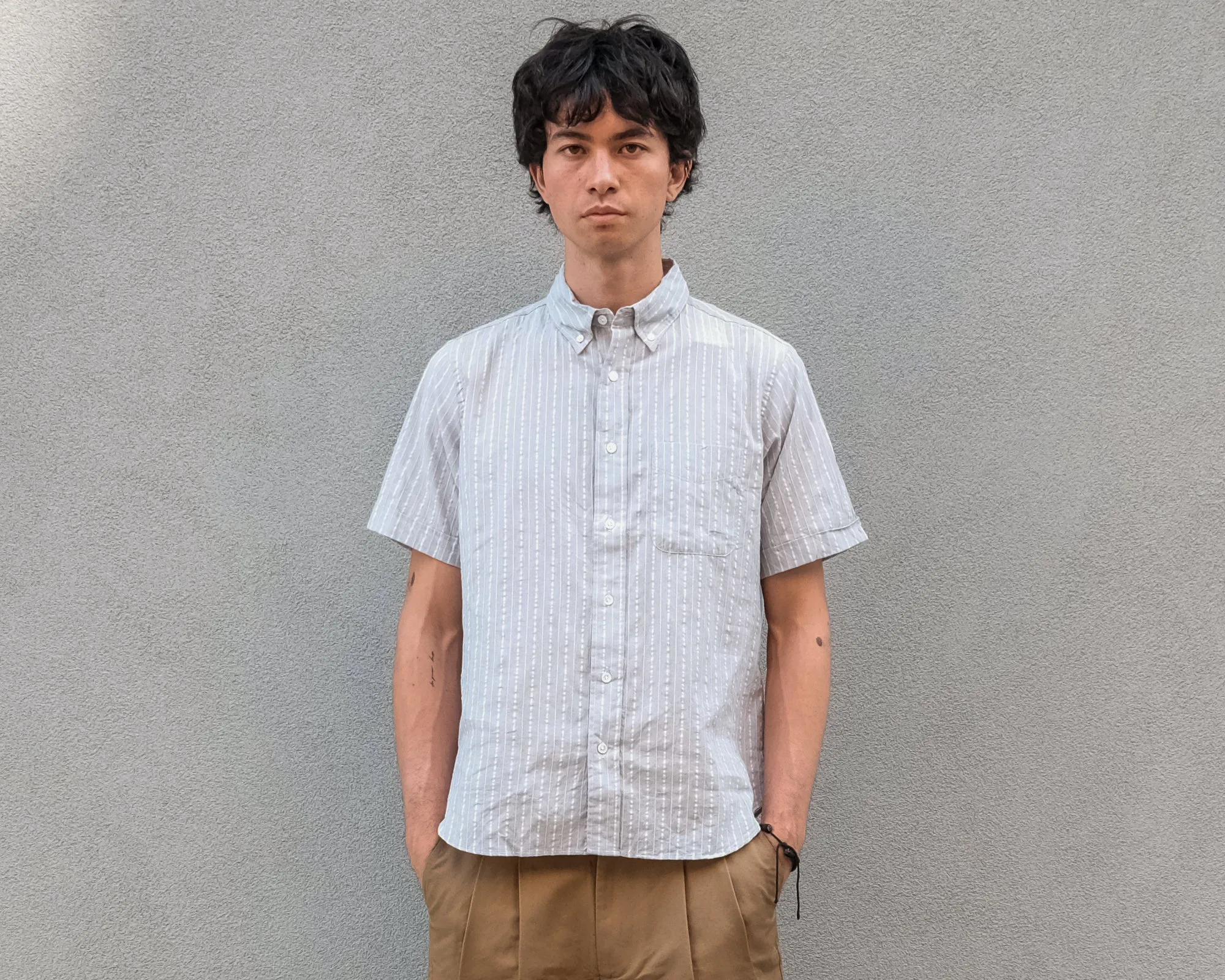 The Collegiate Short Sleeve Shirt, Blue/Ivory Stripe sold by Steven Alan