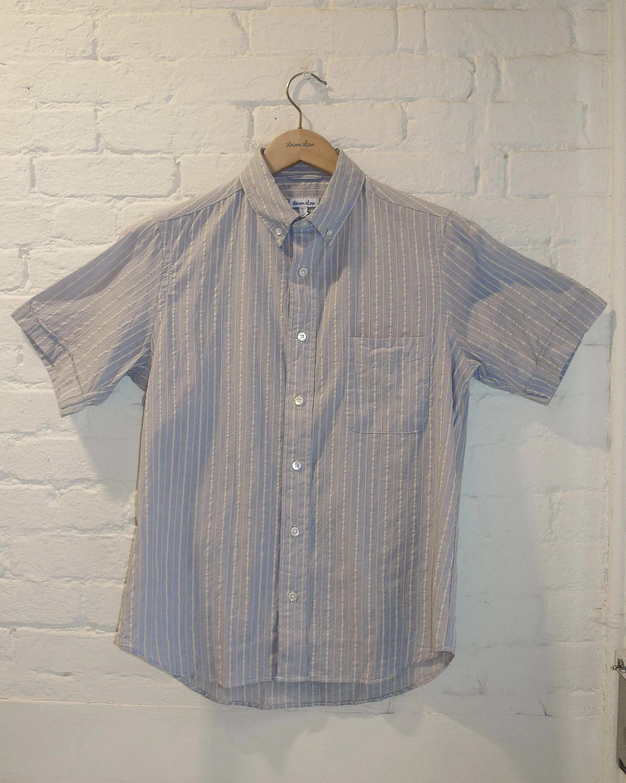 The Collegiate Short Sleeve Shirt, Blue/Ivory Stripe sold by Steven Alan product image thumbnail 5