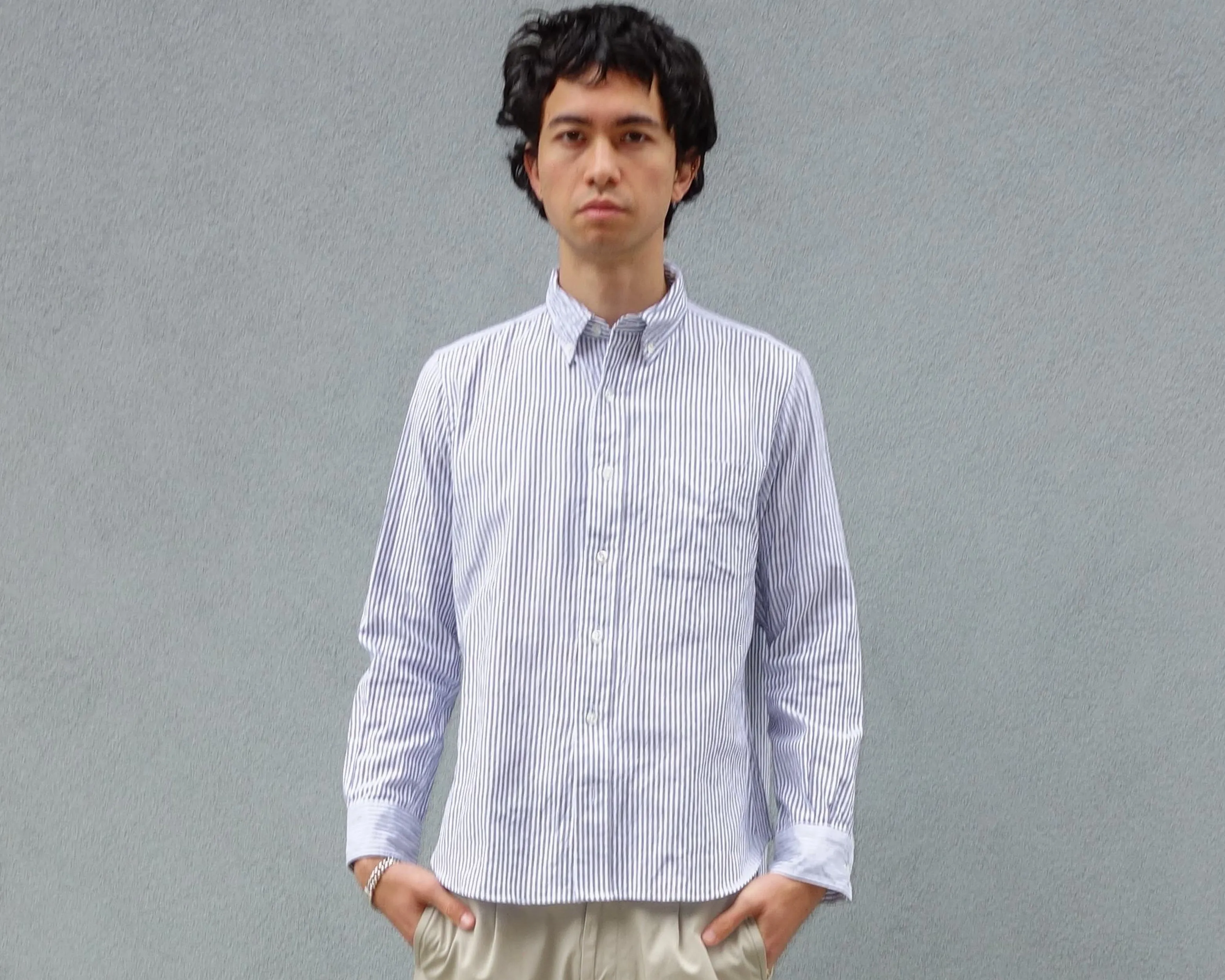 The Collegiate Shirt, Gray Stripe Dry Weave sold by Steven Alan