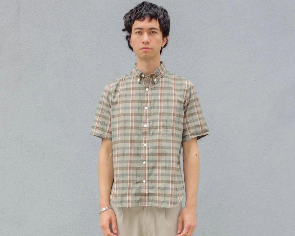 The Collegiate Short Sleeve Shirt, Olive Madras sold by Steven Alan