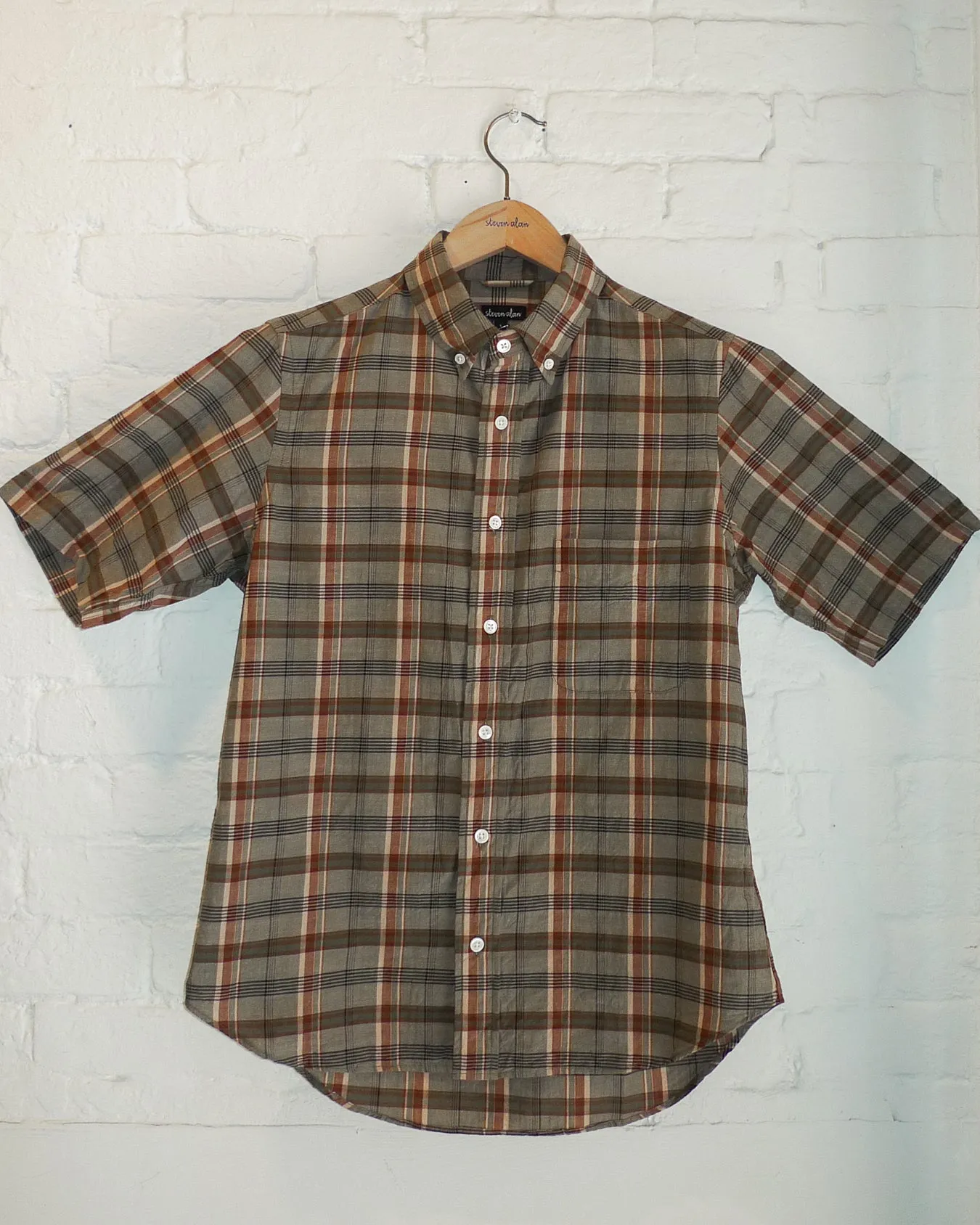 The Collegiate Short Sleeve Shirt, Olive Madras sold by Steven Alan product image thumbnail 2