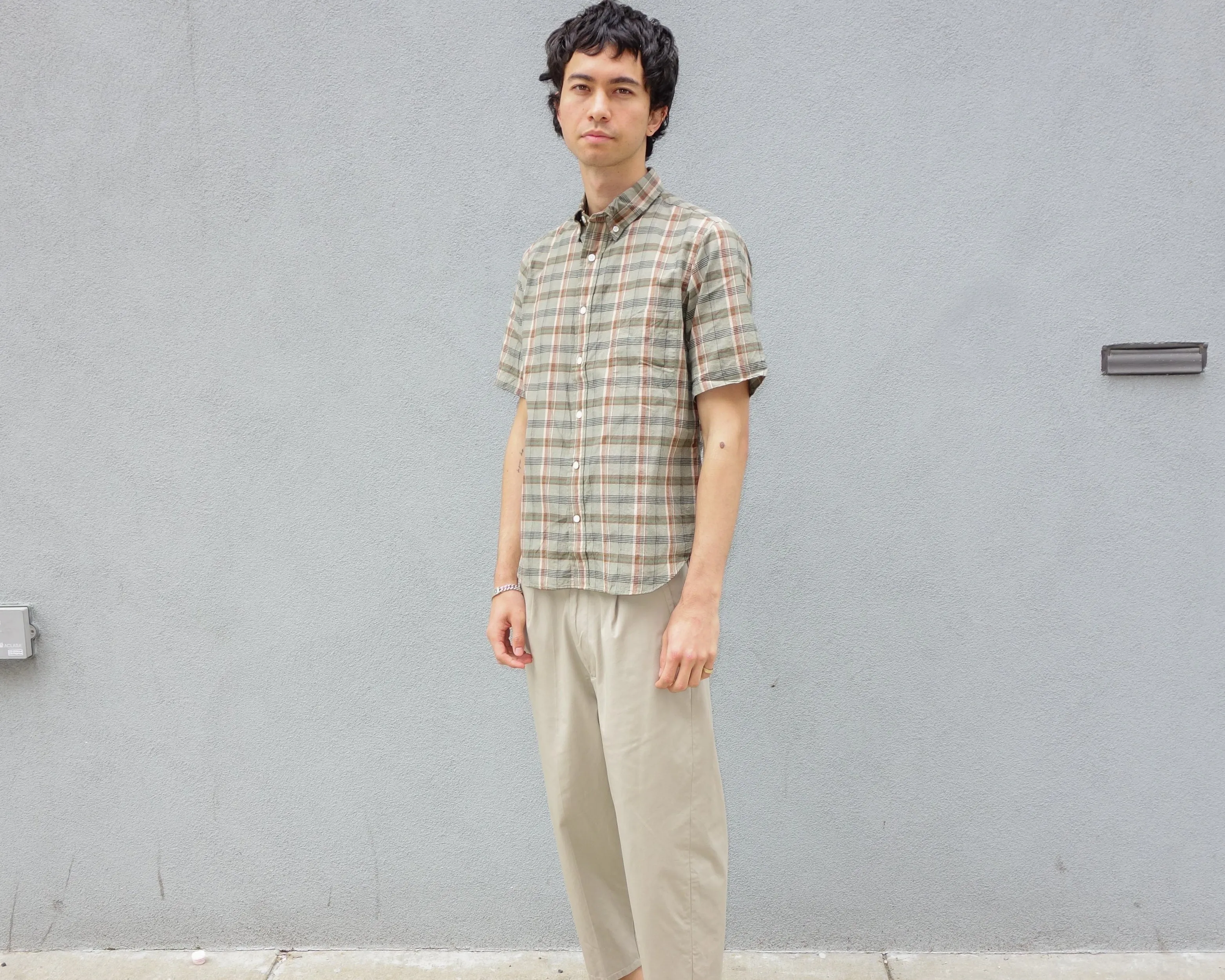 The Collegiate Short Sleeve Shirt, Olive Madras sold by Steven Alan product image thumbnail 3