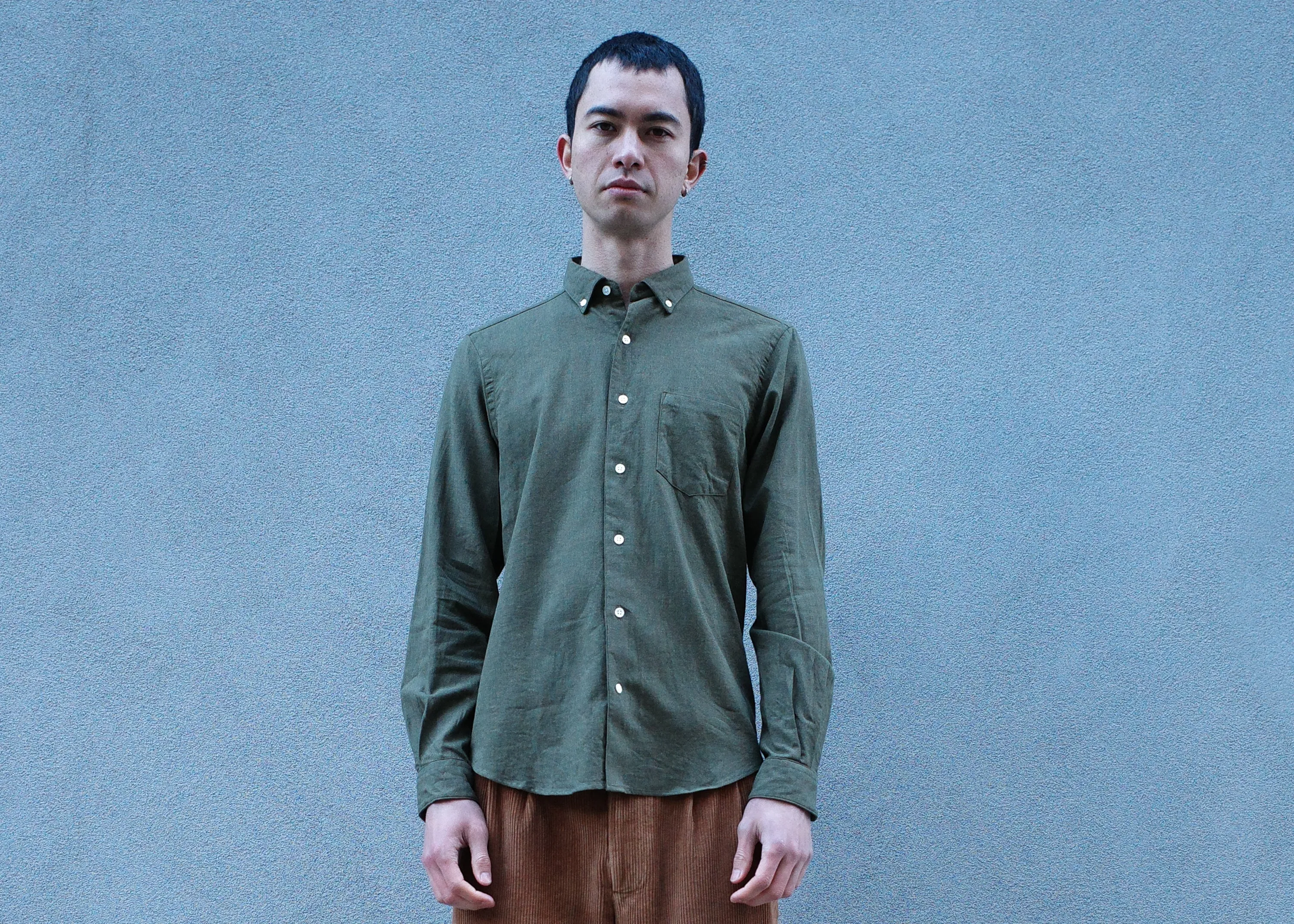 The Single Needle Shirt, Military Green sold by Steven Alan