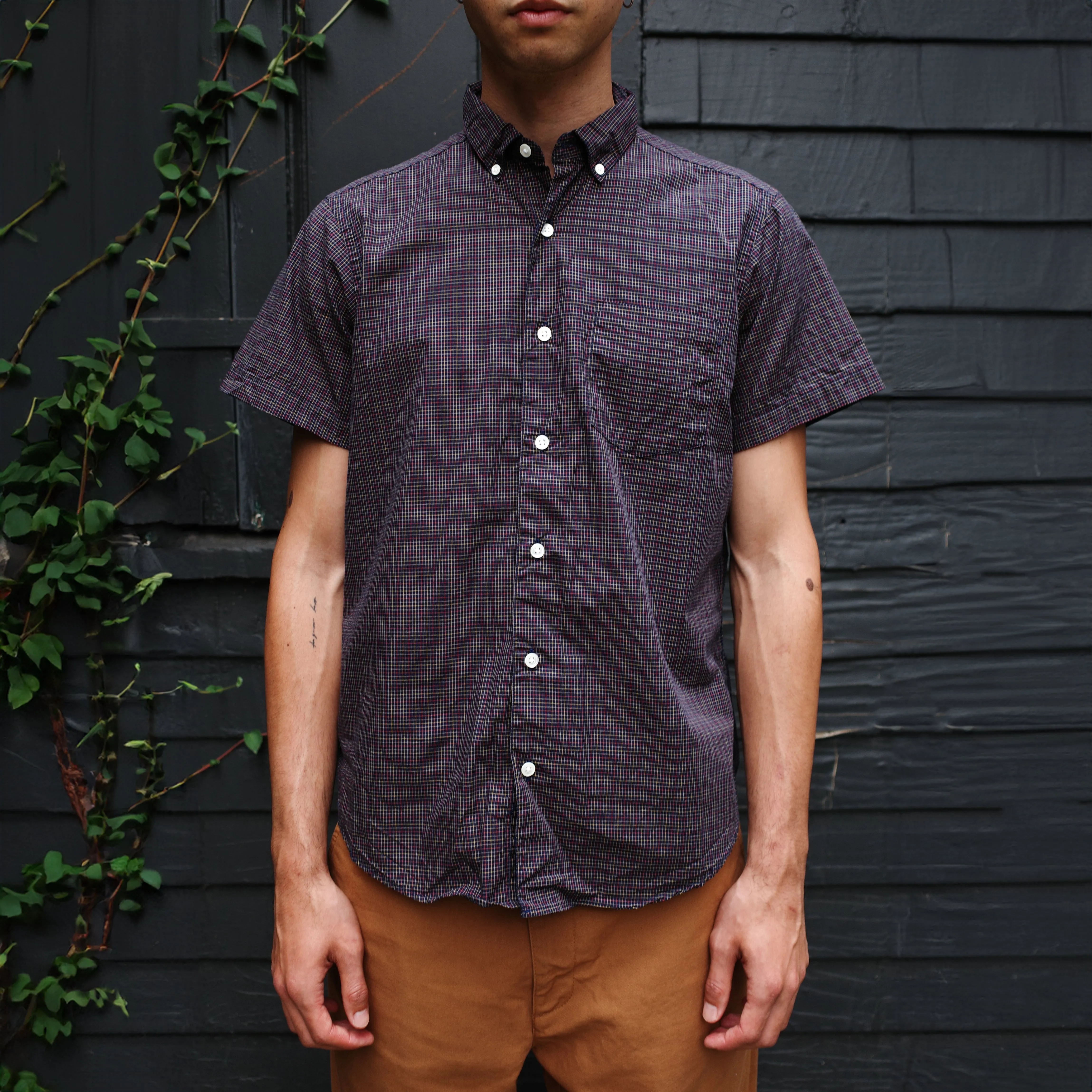 Short Sleeve Single Needle Shirt, Navy Micro Gingham sold by Steven Alan product image thumbnail 3