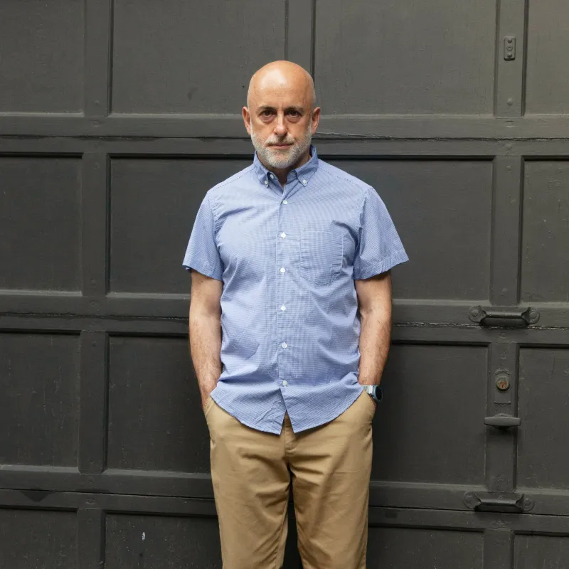 Short Sleeve Single Needle Shirt, Micro Gingham Blue sold by Steven Alan