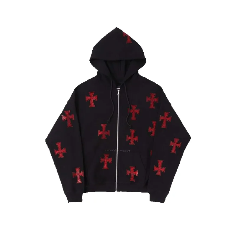 Unknown : Black x Red Rhinestone Cross Zip Hoodie sold by Stone & Co.