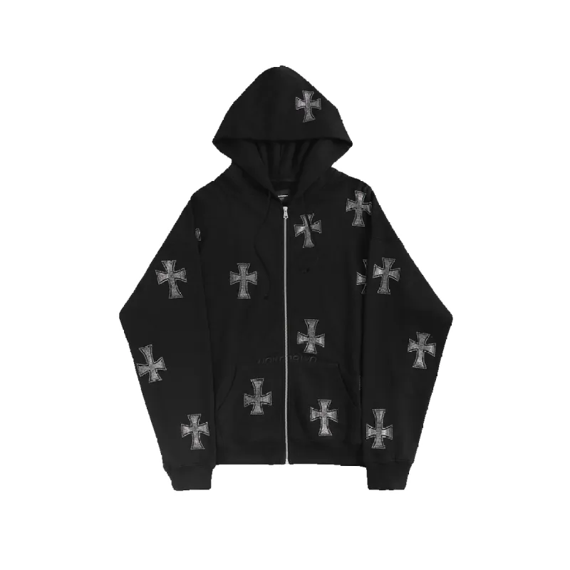 Unknown : Black Rhinestoned Cross Zip Hoodie | Parallel