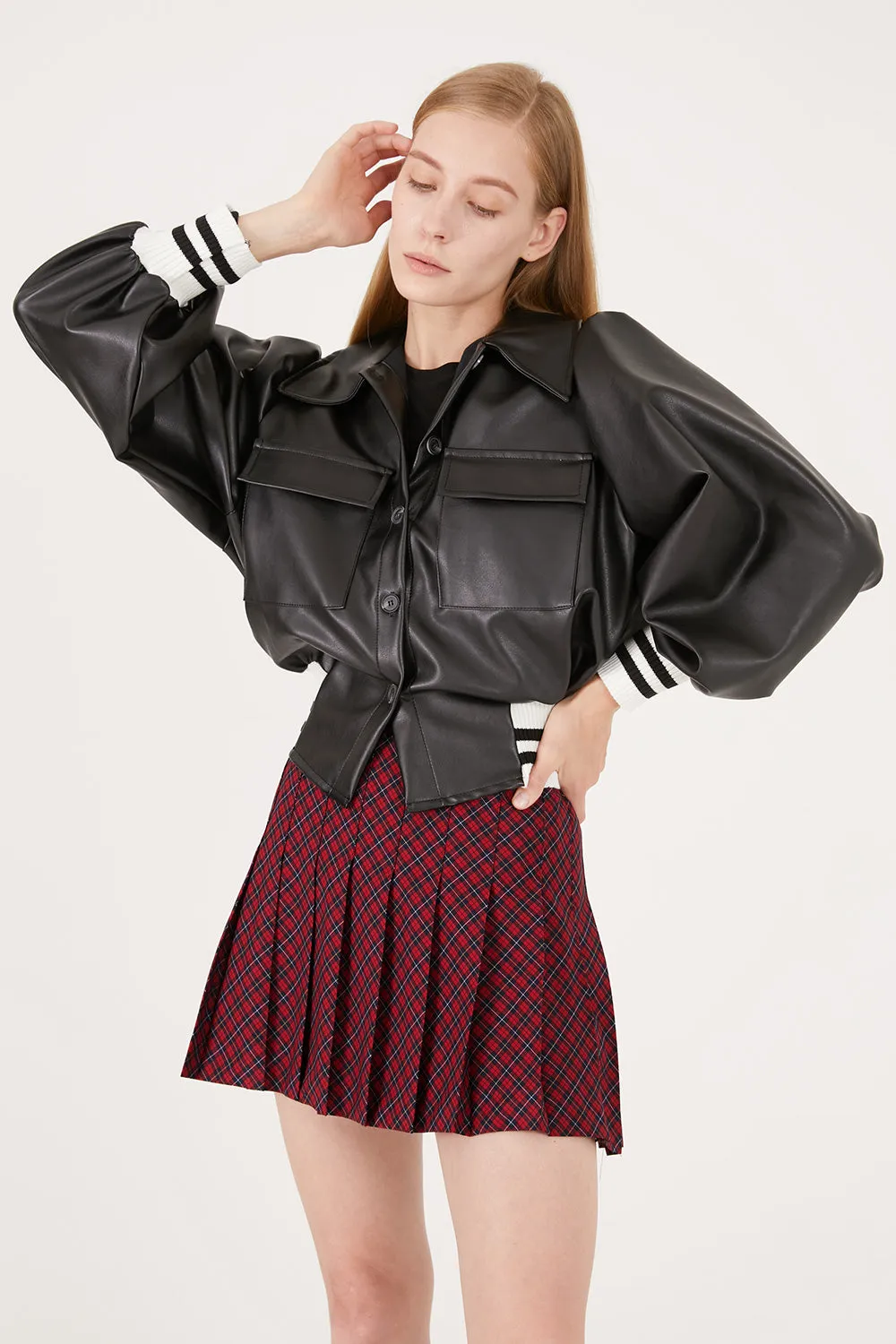 Andrea Faux Leather Crop Varsity Jacket sold by storets product image thumbnail 4