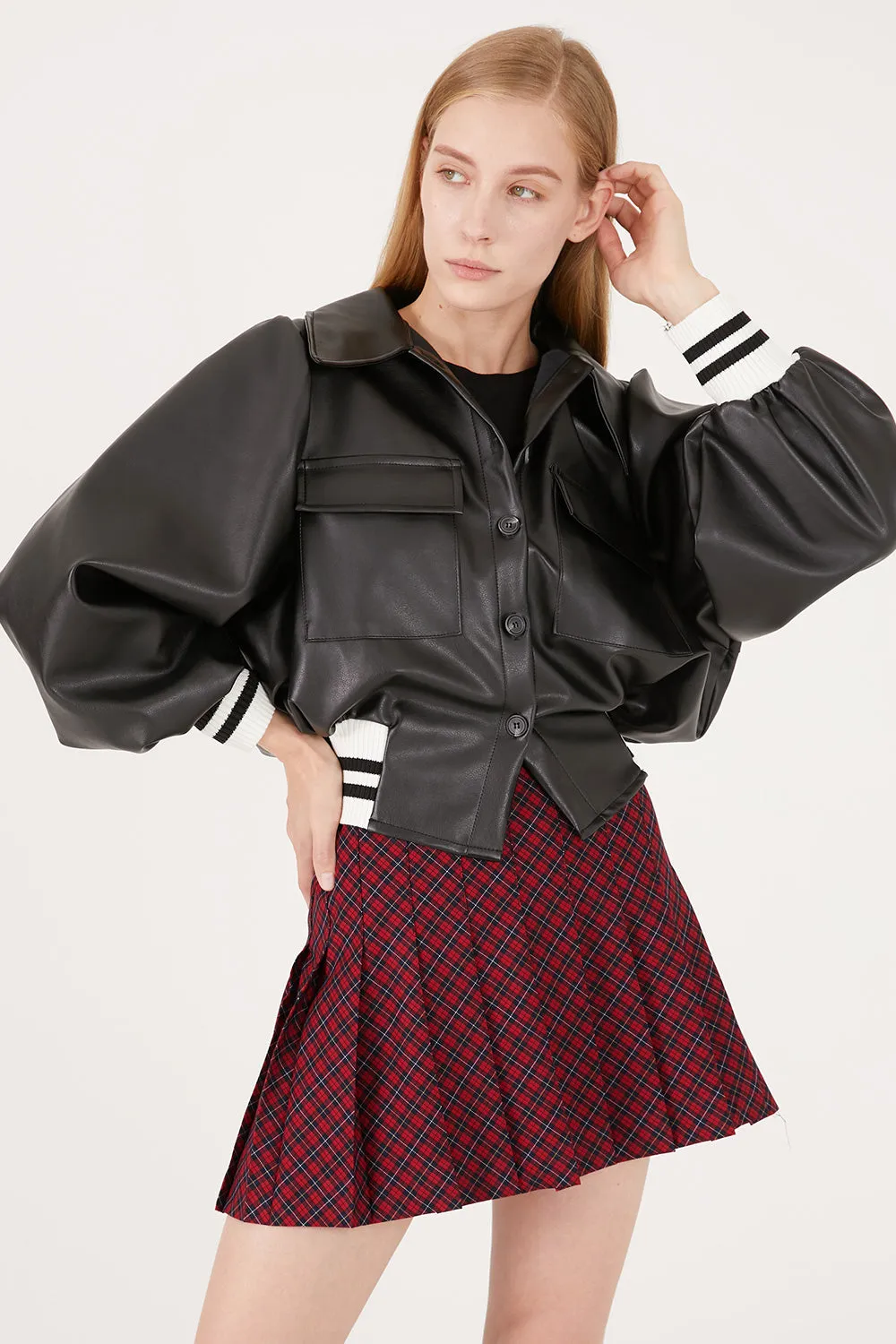 Andrea Faux Leather Crop Varsity Jacket sold by storets