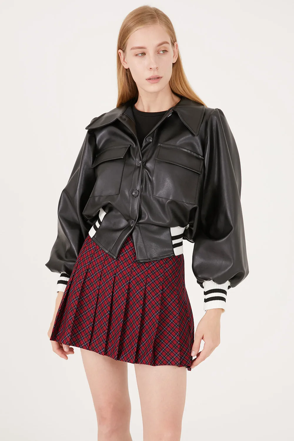Andrea Faux Leather Crop Varsity Jacket sold by storets product image thumbnail 3