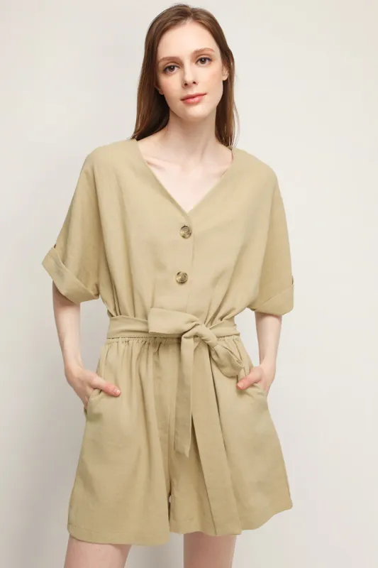 Belle V-neck Linen Romper sold by storets