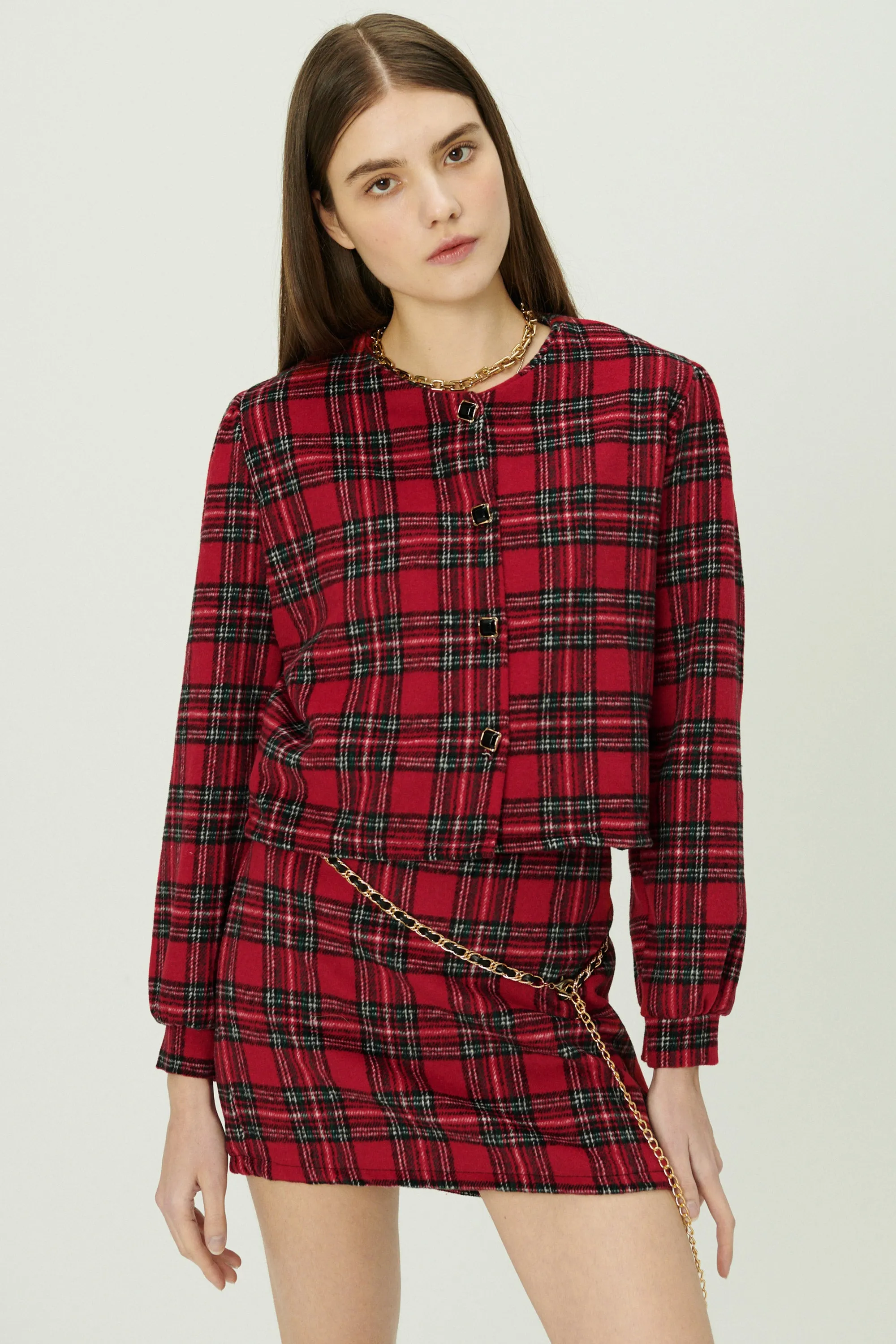 Jasper Collarless Jacket in Plaid sold by storets