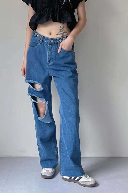 Violet Cut Out Wide Jeans sold by storets