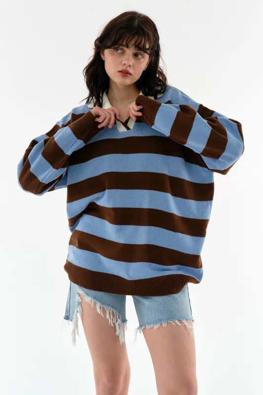 Rosy Stripe Collar Sweater sold by storets