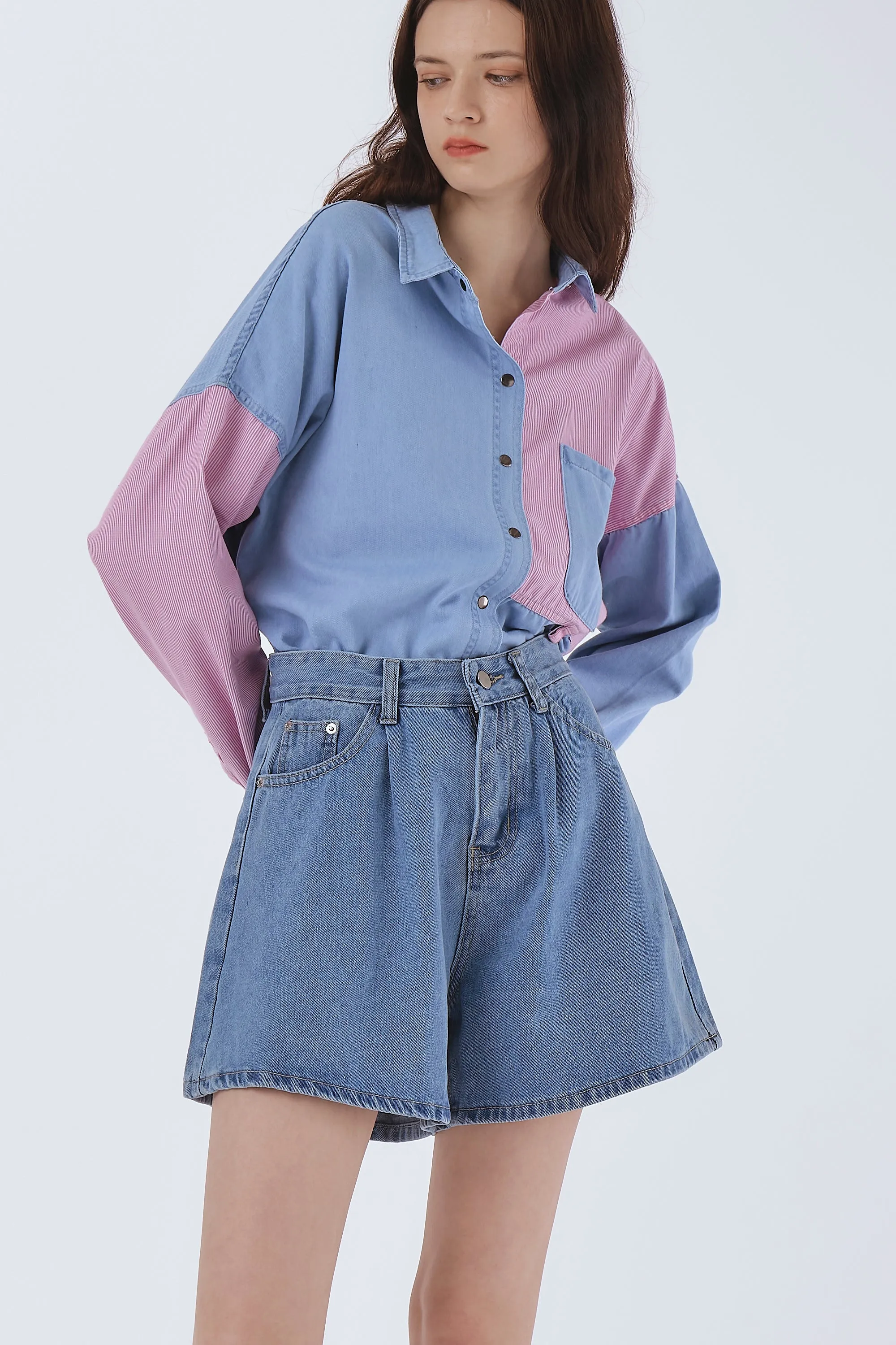 Zoe Pintucked Denim Shorts sold by storets