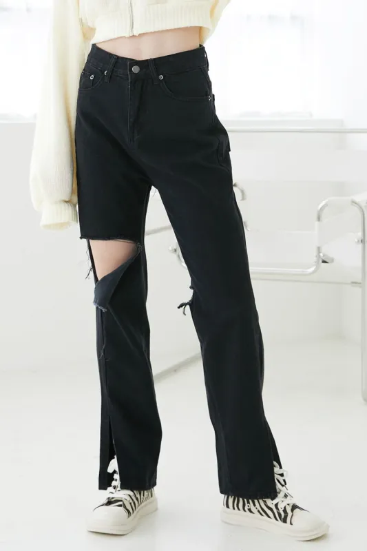 Ava Wide Leg Cutout Jeans in Black made by storets