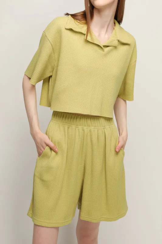 Lucy Waffle Half Button Crop Top sold by storets