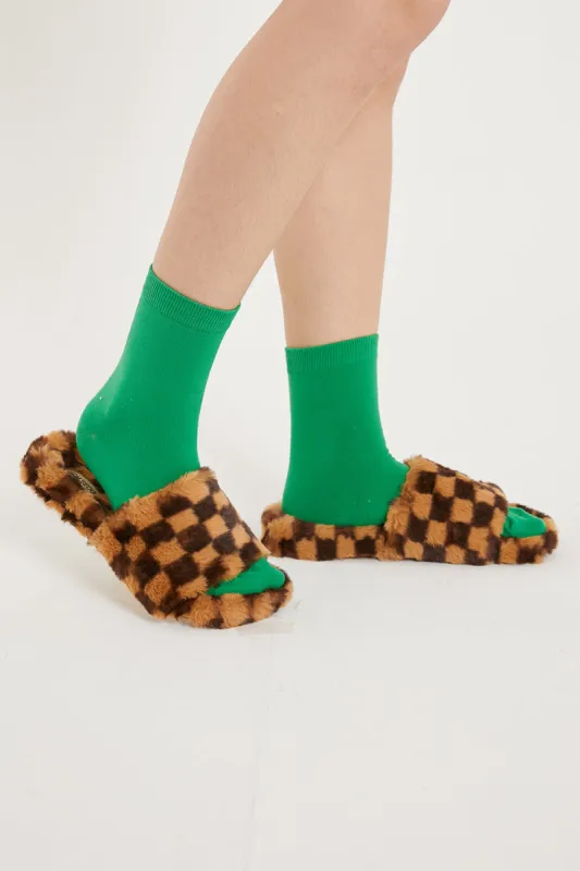 Yva Checkerboard Faux Fur Open Slipper sold by storets