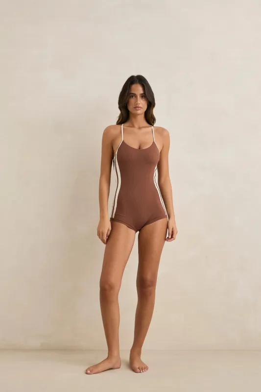 Rhythm Lily Rib Cross Back Surf Short One Piece - Chocolate made by Rhythm.