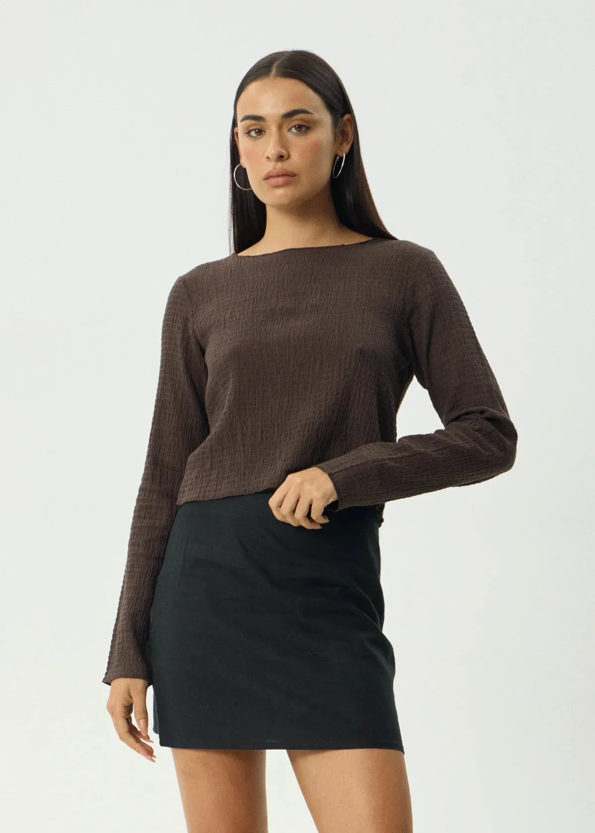 Afends Hemp Seersucker Long Sleeve Top - Coffee sold by Storm